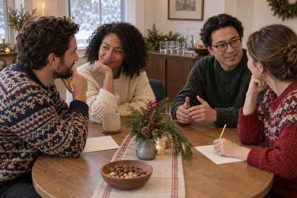 Four adult friends in two pairs talking around an oak table with blank writing sheets and wooden pencils