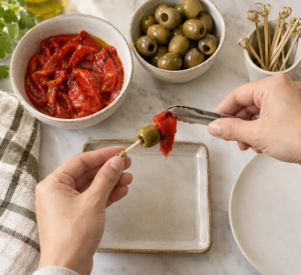 Hands use small tongs to place a roasted red pepper strip beside a pitted olive on a short bamboo pick, with bowls of ingredients nearby.