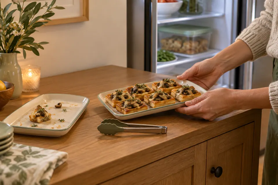 Hands carry a fresh small platter of mushroom pastries beside a nearly empty used platter, with separate tongs and covered food visible in an open refrigerator.