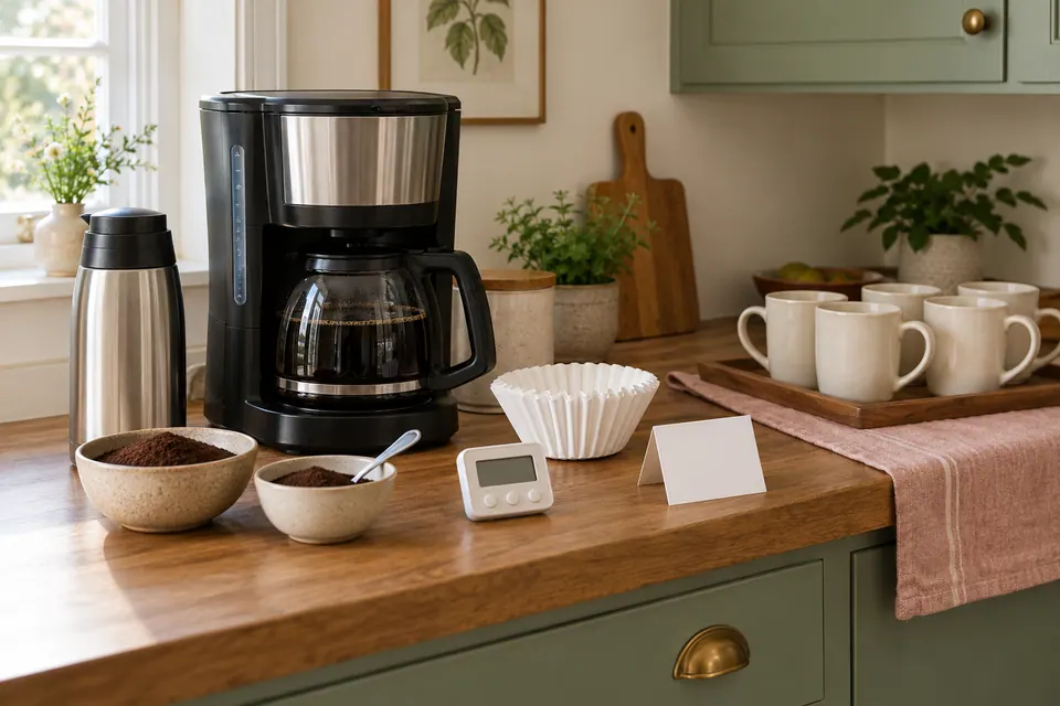 A drip coffee maker, insulated flask, coffee grounds, paper filters and a blank timer beside a tray of mugs.