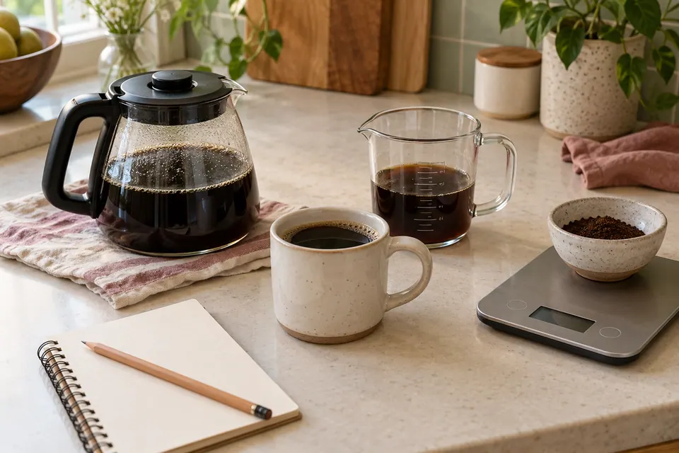 Brewed coffee in a glass carafe, measuring jug and ivory mug beside a kitchen scale and blank notebook.