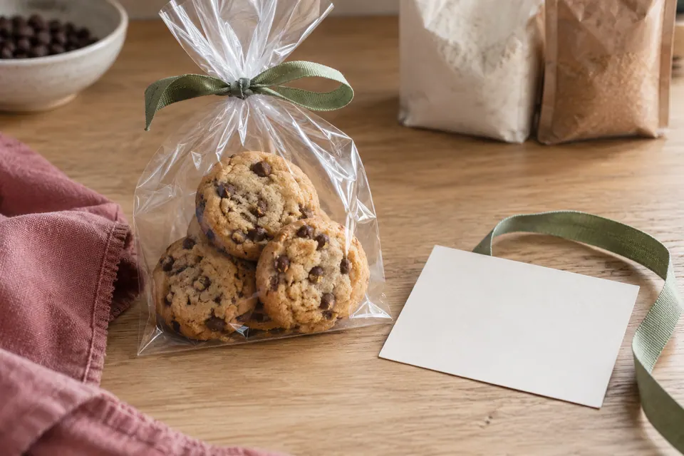 A clear bag of chocolate chip cookies beside a blank ingredient card and sage ribbon on a clean oak counter.