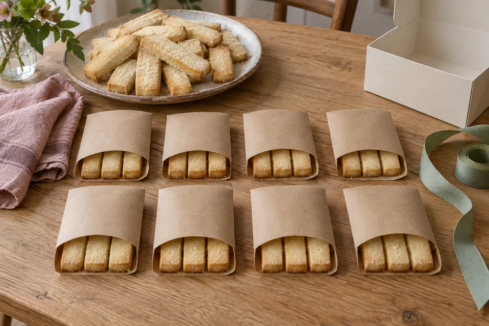 Plain paper sleeves with three shortbread fingers in each, arranged beside a plate of cookies and an empty cream box.