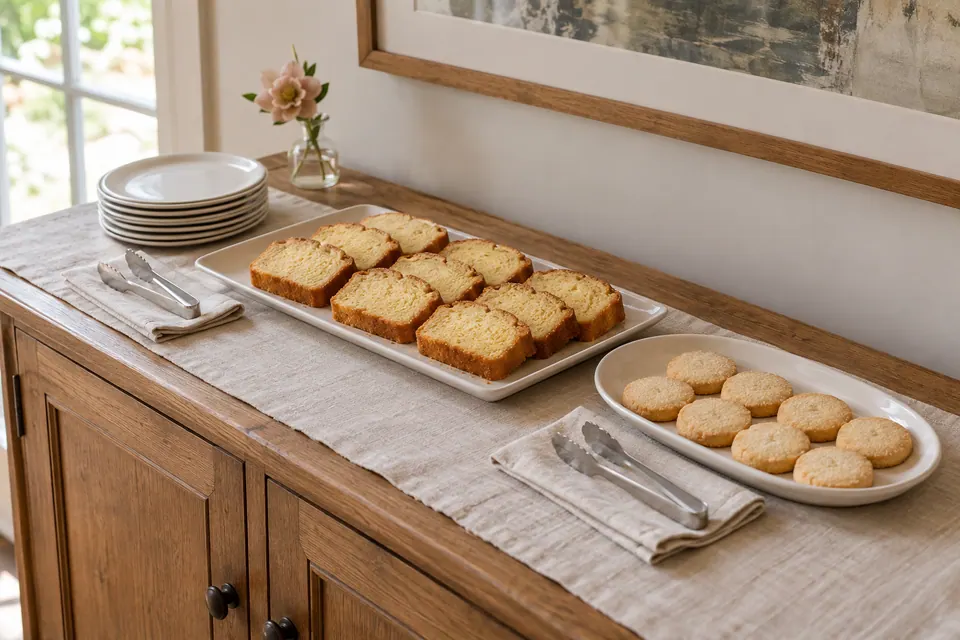 Golden loaf cake slices and round shortbread cookies on two low ivory platters beside a stack of dessert plates