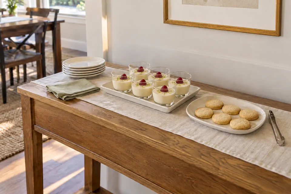 Six small dessert cups and six shortbread cookies on a narrow oak console, with plates and a folded sage napkin