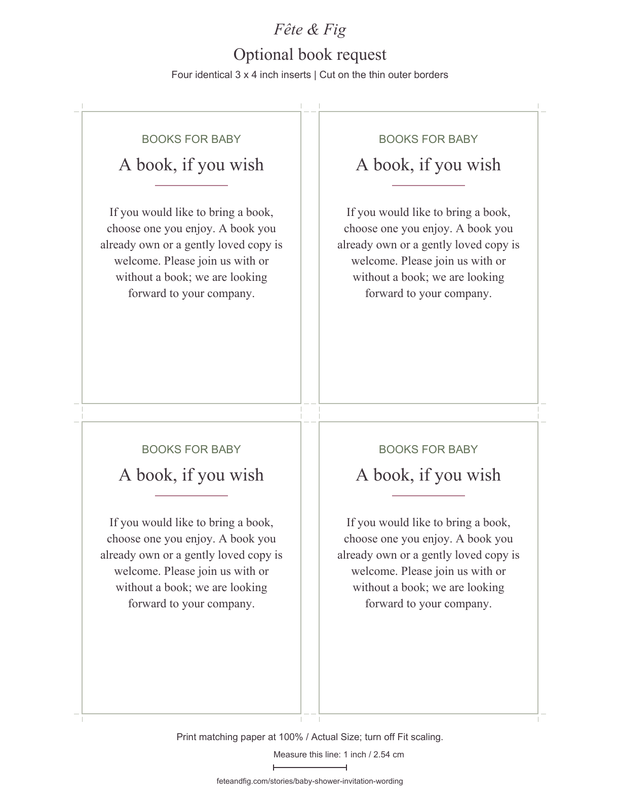 Actual US Letter PDF page containing four identical optional book-request inserts with thin cutting borders and a one-inch calibration line.