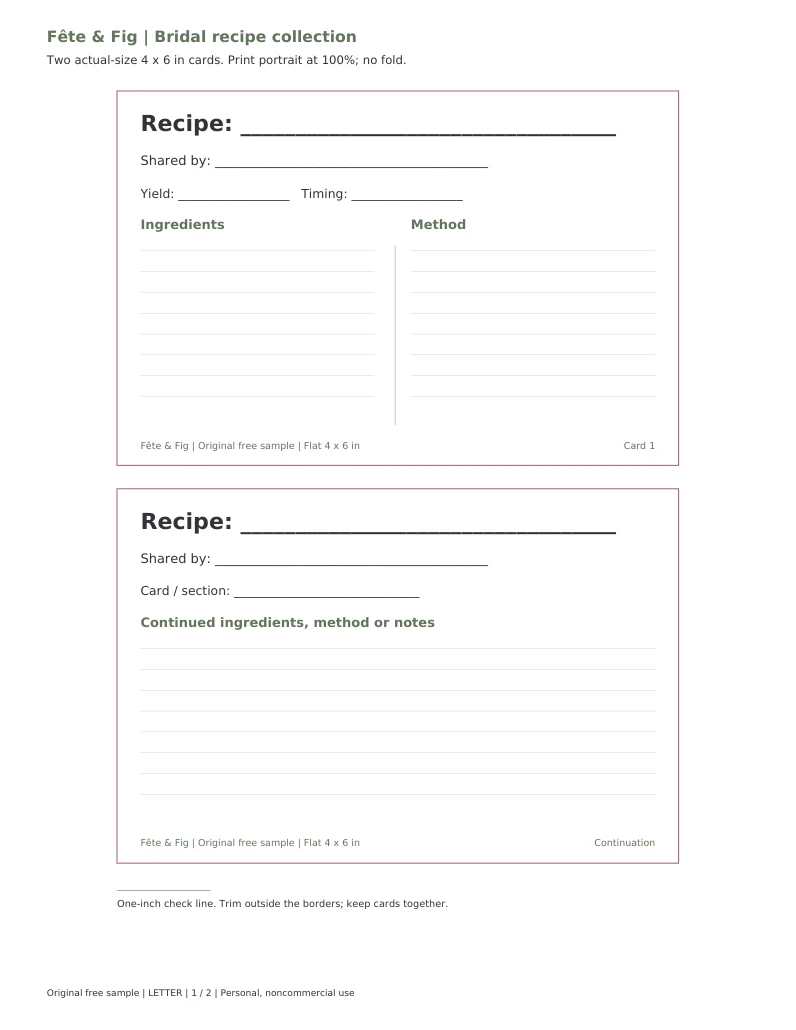 Actual US Letter blank PDF with a main recipe card, a matching continuation card and a one-inch calibration line.