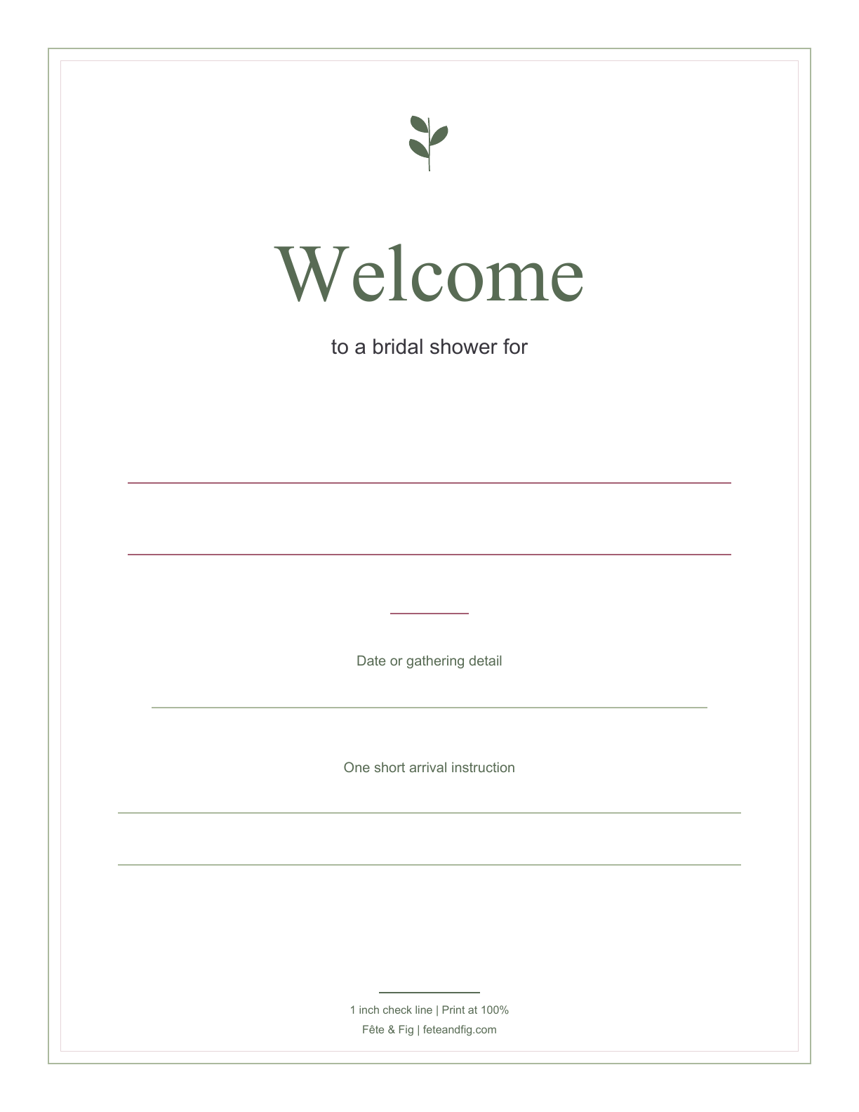 Actual blank Letter welcome PDF with original sage leaf detail, large Welcome heading, two name lines, date and short arrival-note spaces, and a one-inch check line.
