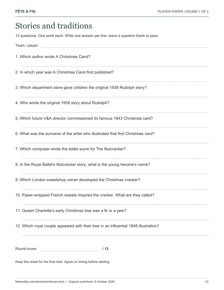 Direct render of the actual US Letter player page for round one, showing twelve Christmas trivia questions, blank answer lines and a score field.