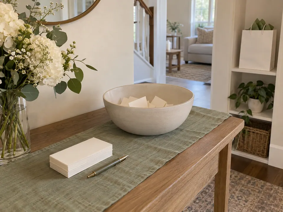 Identical blank entry cards and a pen beside one shared bowl, with an optional gift bag on a separate shelf.