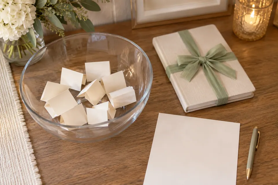 Folded paper entries in one clear bowl beside a wrapped notebook prize and a blank host sheet.