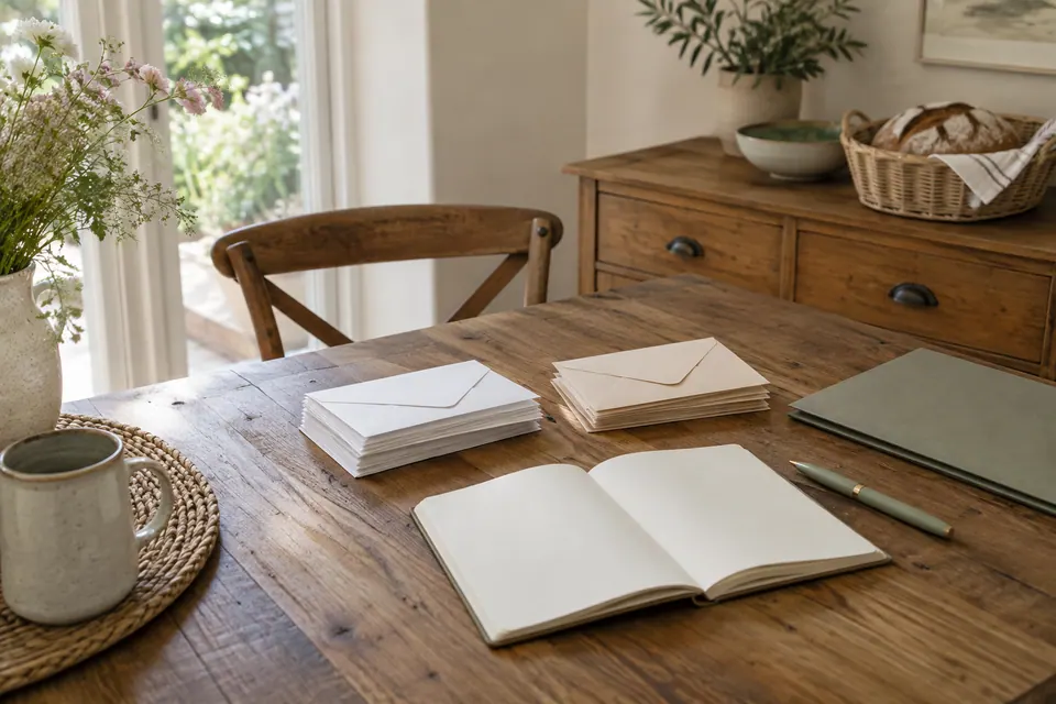 An open blank notebook and envelope piles with a bread basket on the nearby sideboard