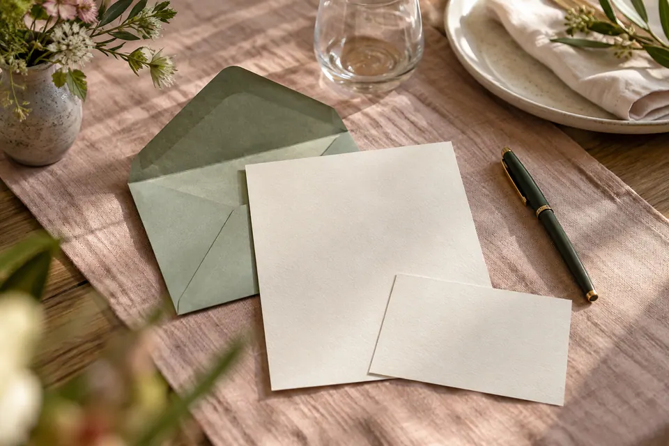 Blank ivory cards and an open sage envelope beside a pen, plate and clear glass