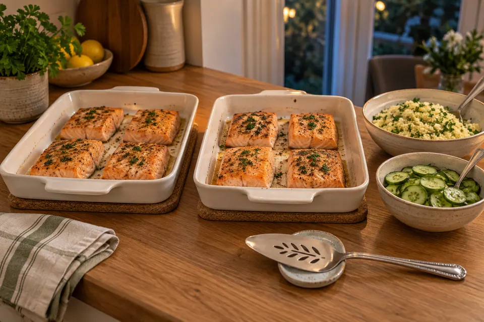 Eight baked salmon fillets in two dishes on trivets, with herbed couscous and cucumber salad