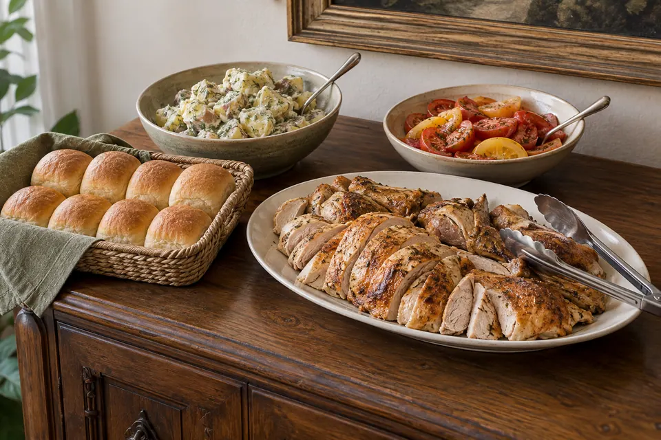 Carved cooked roast chicken with dill potato salad, sliced tomatoes and eight rolls in a basket
