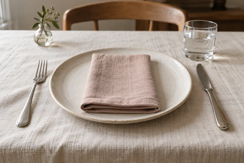 An ivory plate and blush linen napkin with a fork on the left, inward-facing knife on the right and water glass above.