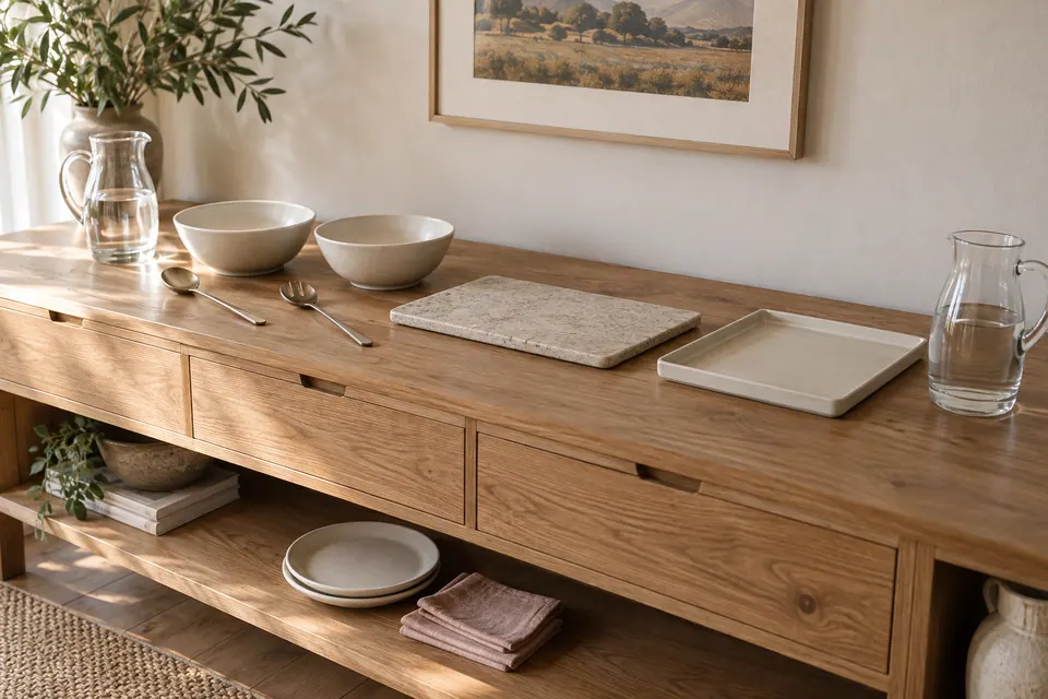 Two empty serving bowls, a stone trivet, a landing tray and two water jugs arranged on an oak sideboard.