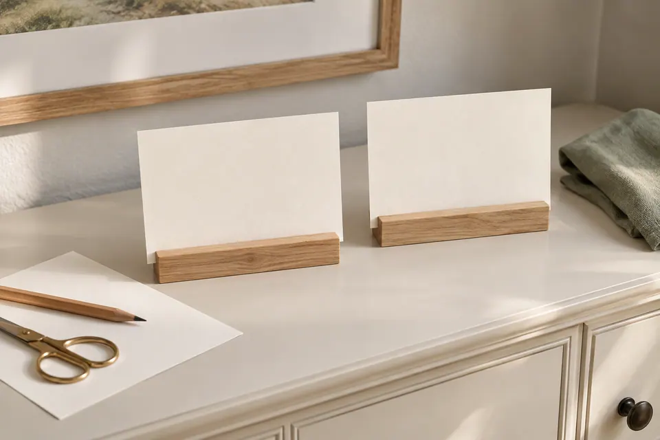 Two blank ivory paper signs stand in separate wooden holders on a dry sideboard beside a pencil and scissors