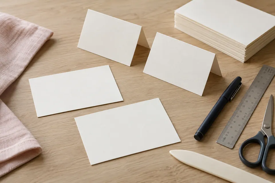 Blank ivory tent cards and flat cardstock beside a ruler, pen, scissors and bone folder on a wooden work surface