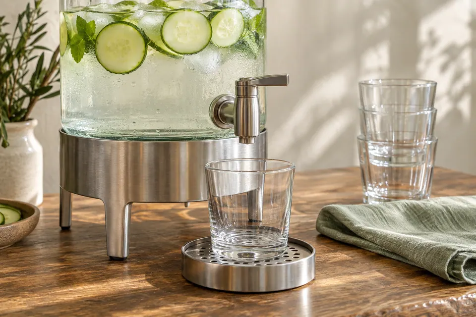 A clear drink dispenser on a stable short stand, with a tumbler under its spigot on a removable catch tray.