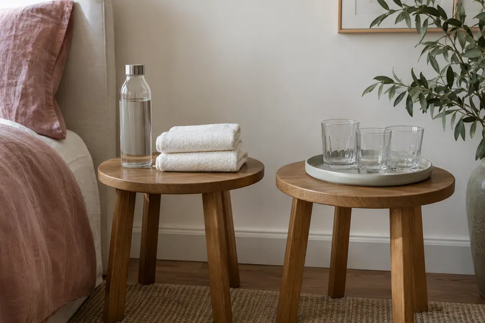 Separate small stands hold a closed water bottle and clean towels on one side, and a tray of used glasses on the other.