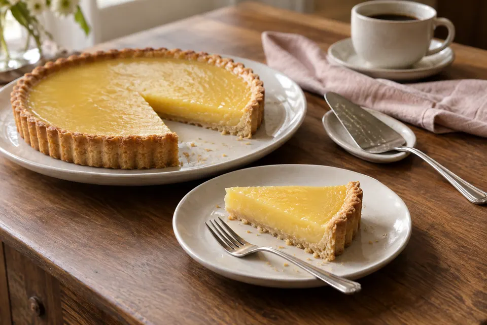 A slice of lemon tart on an ivory dessert plate beside the remaining tart, a pie server and coffee.