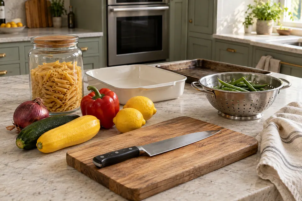 Penne, onion, zucchini, yellow squash, pepper and lemons beside a baking dish, roasting tray and green beans.