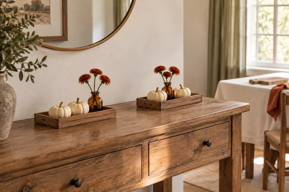 Two pumpkin-and-vase trays on an oak console, with an empty breadboard on the dining table behind.
