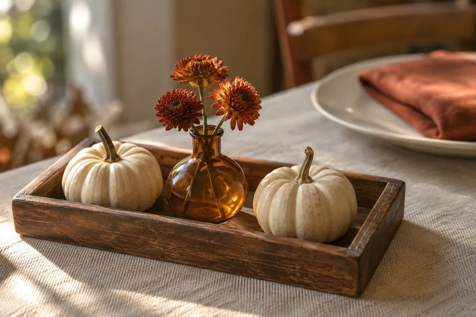 Two miniature cream pumpkins and an amber vase with three rust-colored flowers in a small wooden tray.
