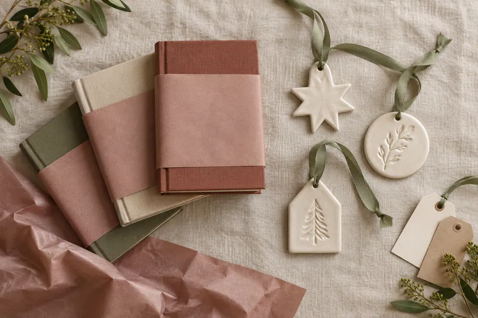Unmarked books with rose paper bands and simple ceramic ornaments with sage ribbon arranged as two possible exchange themes.