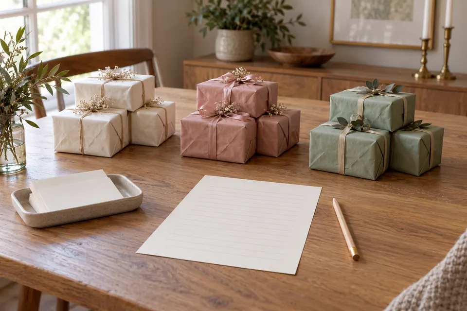 Grouped cream gift parcels beside a blank ruled check-in sheet, pencil and a tray of blank name cards on an oak table.