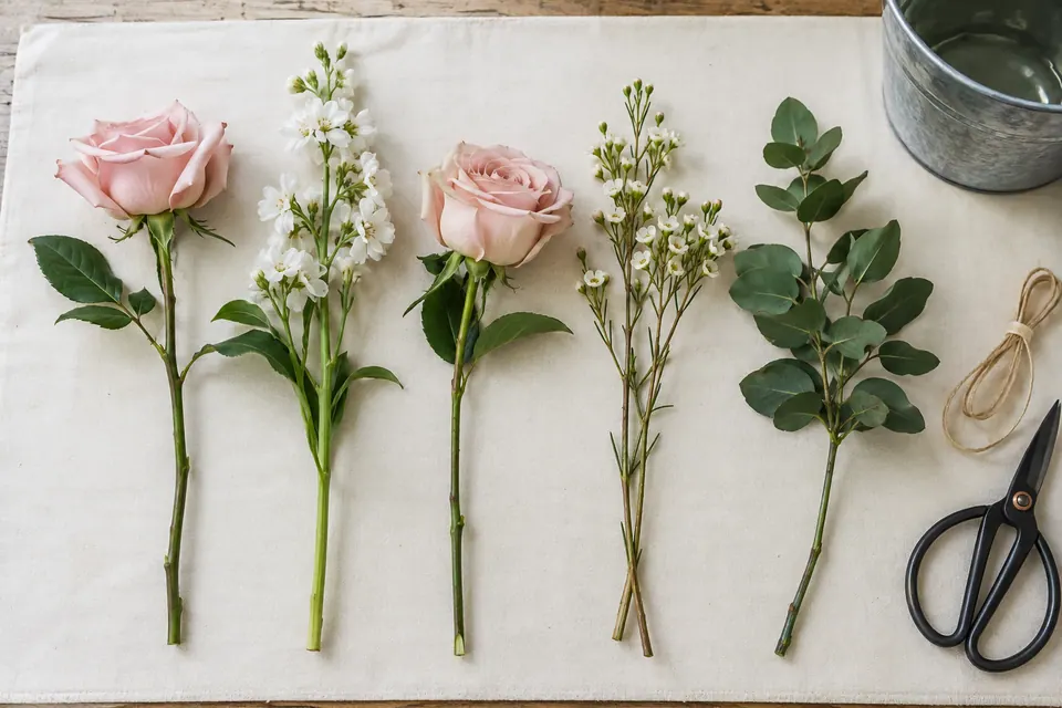 Blush roses, white flowering material and greenery laid apart on a cream mat beside a cotton tie and scissors.
