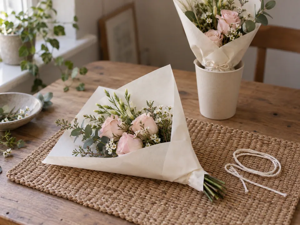 A small flower posy lying diagonally on cream wrapping paper, with a cotton tie ready beside it.