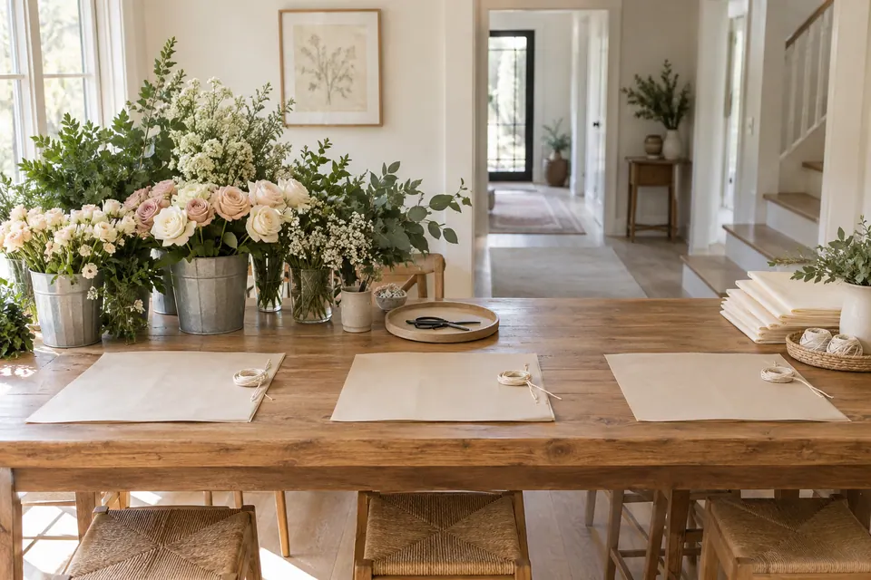 Flowers and wrapping materials arranged on a separate work surface for small bouquets