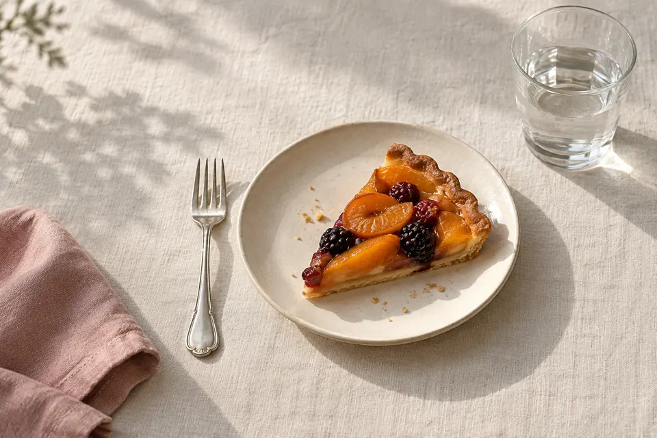 A dessert plate with a slice of tart, a clean dessert fork and a water glass after the main course has been cleared.