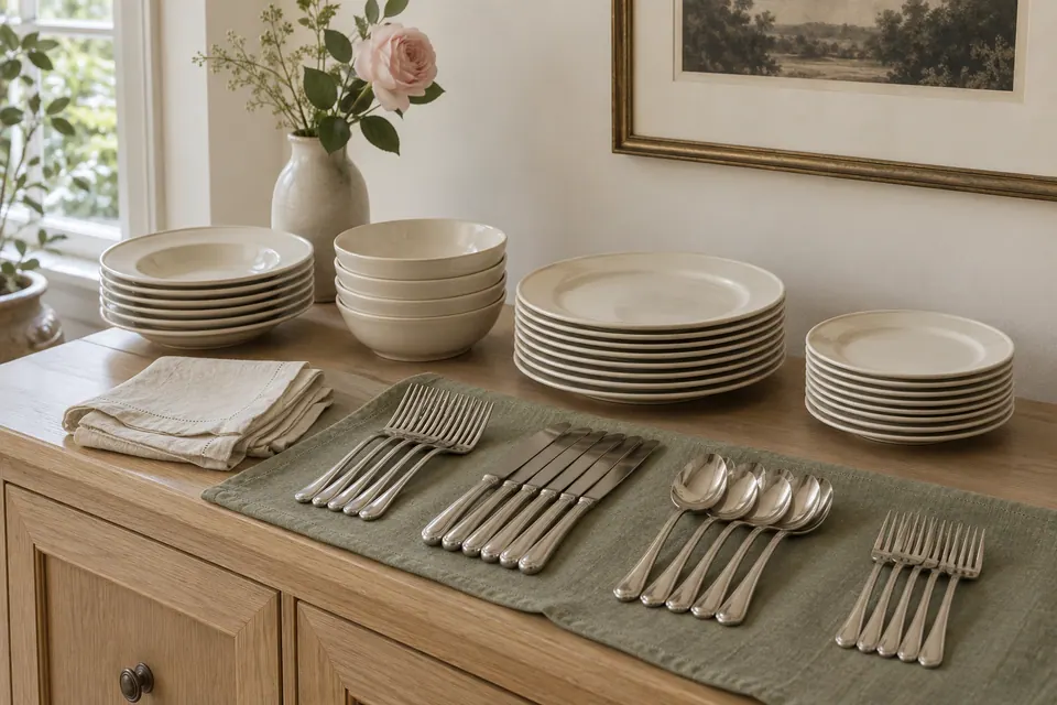 Clean dinnerware and separate groups of cutlery prepared on a sideboard before a seated dinner.