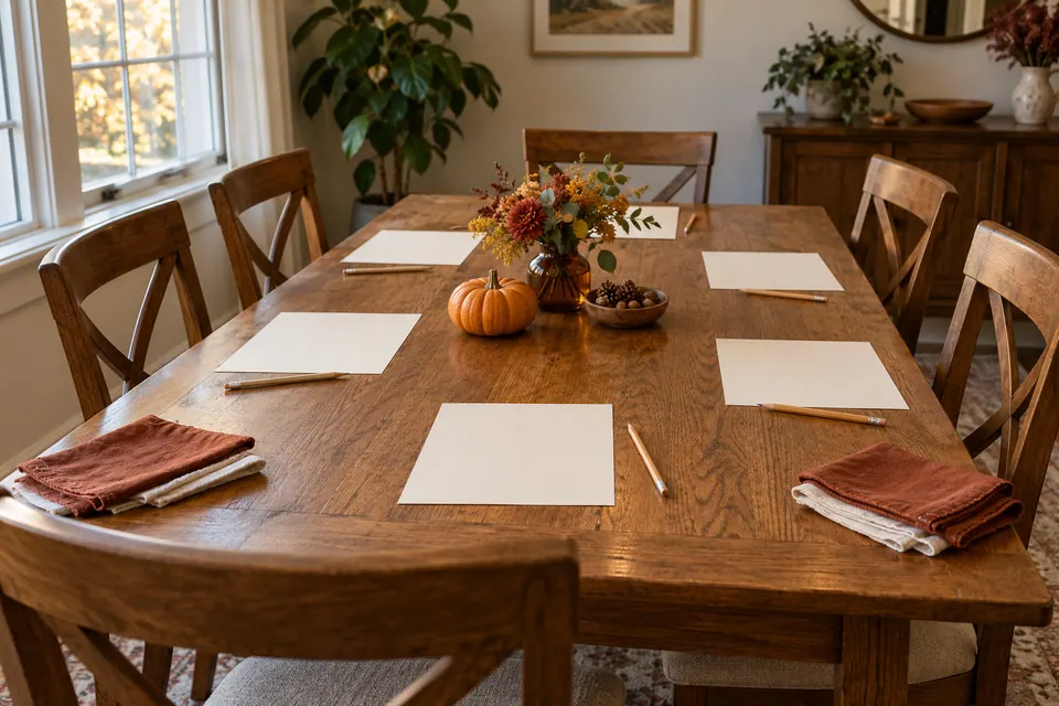 Blank writing sheets and wooden pencils around a cleared oak table with rust napkins, a small pumpkin and autumn flowers