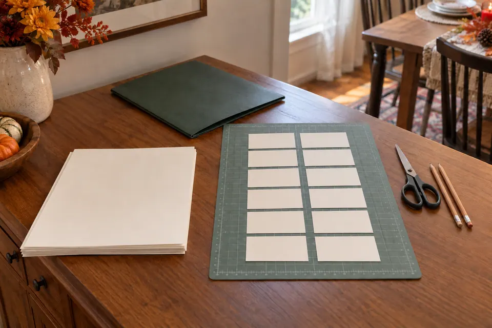 A closed green folder separated from blank player papers and twelve small blank cards on a cutting mat