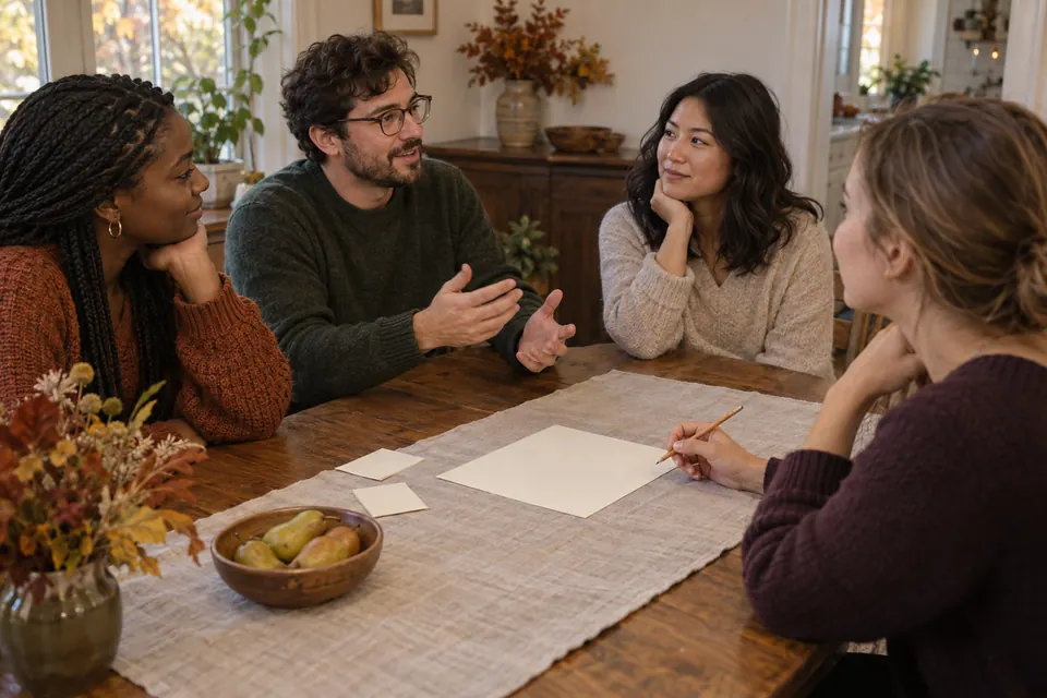 Four adult friends listening around an oak table while one holds a pencil above a shared blank sheet