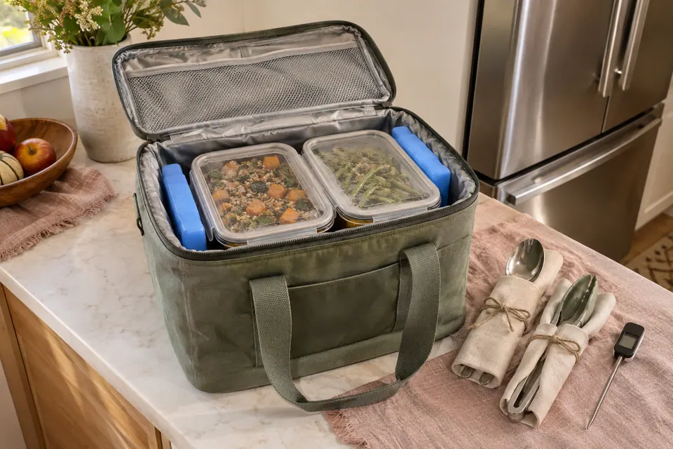 Two sealed salad containers between ice packs in a sage cooler, with wrapped serving utensils and a food thermometer.