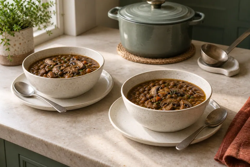 Two individual bowls of mushroom-and-lentil stew with separate spoons, beside a closed pot and ladle.