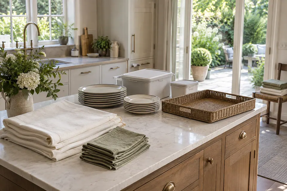 Folded table linens, sage napkins, stacked plates, storage containers and a carry tray on a kitchen island