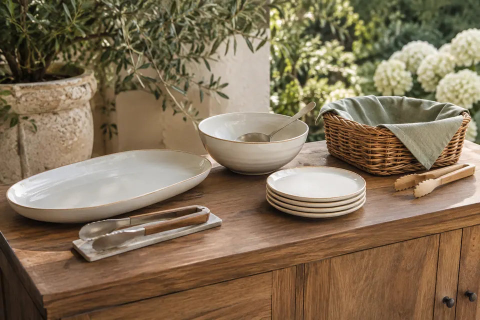 An oval platter, a bowl, small plates, a lined basket and serving utensils on a wooden sideboard