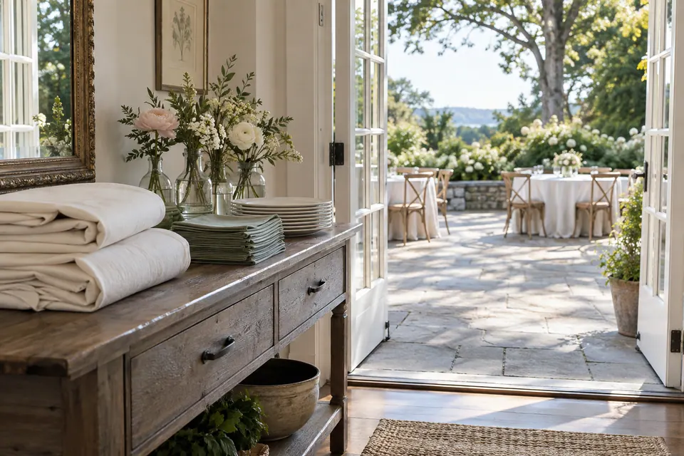 Folded linens, plates and four small flower vases wait indoors beside an open garden doorway