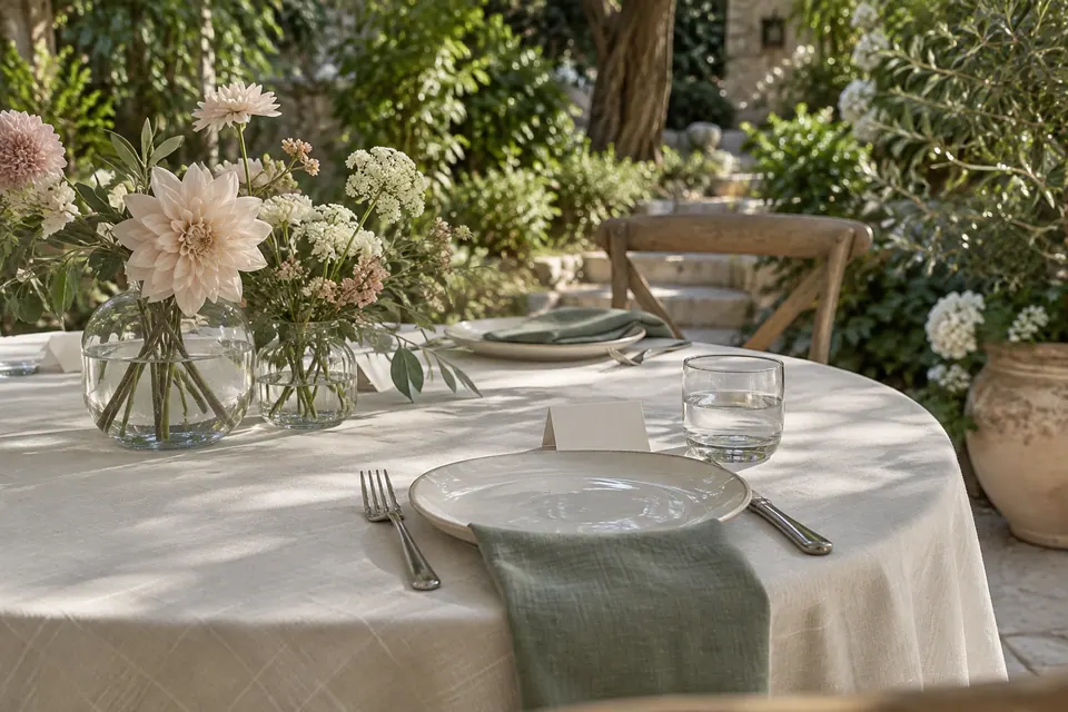 Low pale-flower vases beside a cream plate, green napkin and clear glass on a garden table