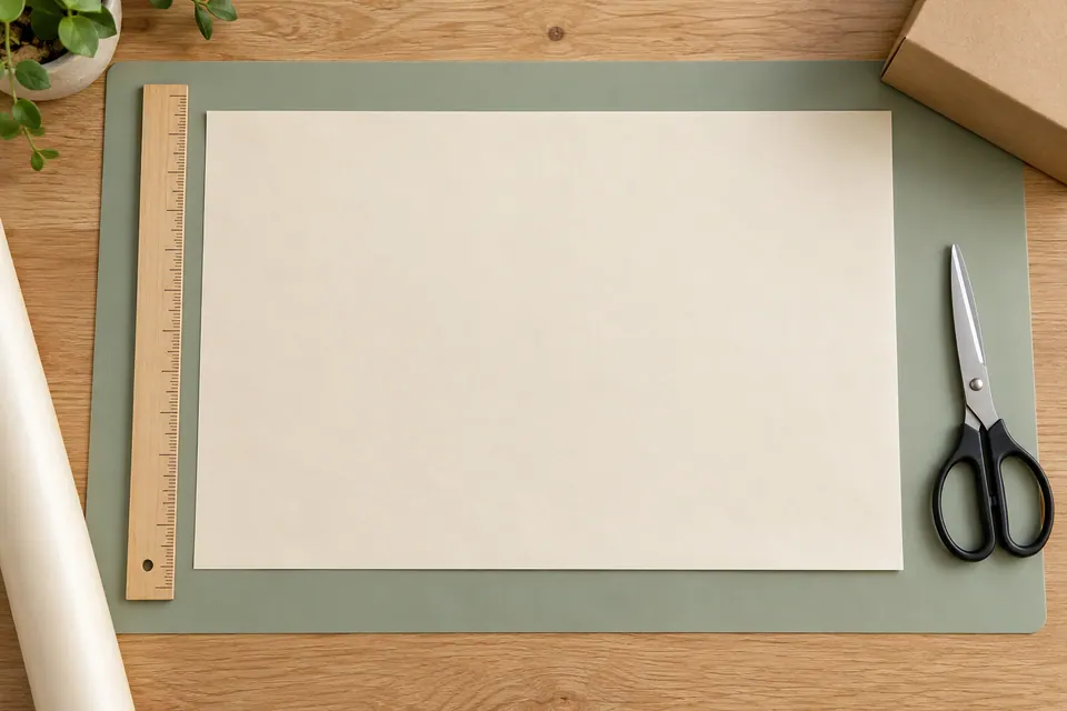 A rectangular sheet of wrapping paper laid beside a ruler, scissors and a plain box on a clear work surface.