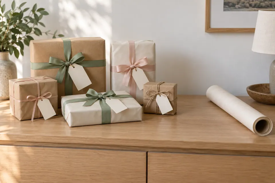 Finished cream and rose gift parcels with blank tags grouped in shallow trays away from a wrapping work area.