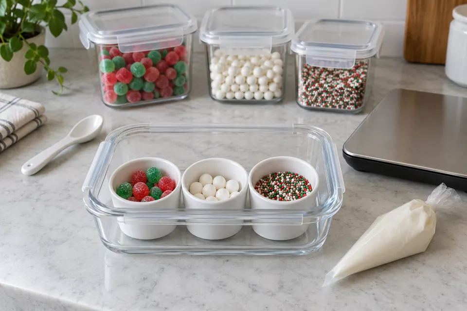 Three small bowls of red and green candies, white candies and sprinkles in a clear container, with covered refill tubs, icing bag and kitchen scale
