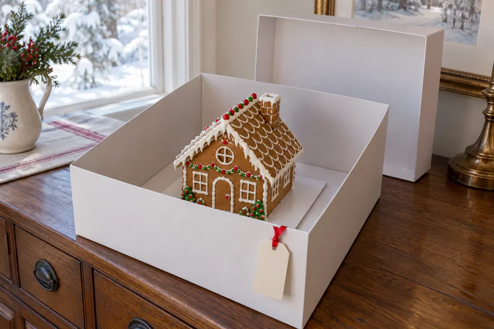A decorated gingerbread cottage resting on a white board inside a roomy open white box, with its lid behind and a blank tag on the outside