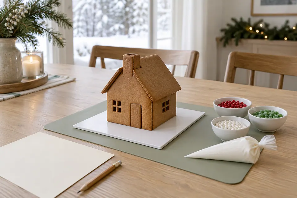 One assembled undecorated gingerbread cottage on a white cake board and sage mat, with three candy bowls, an icing bag and blank planning paper
